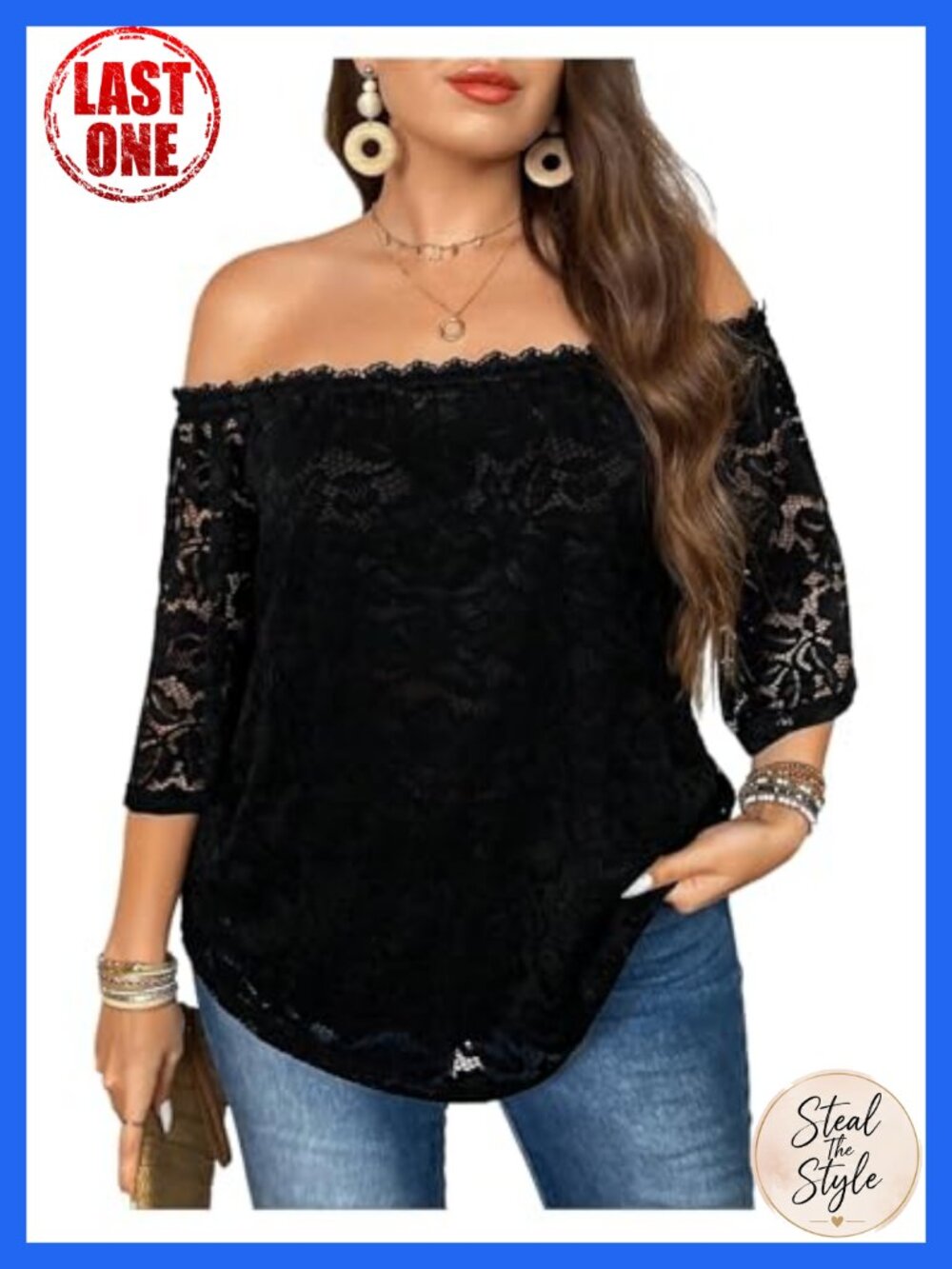 Women's Plus Size Lace Off Shoulder 3/4 Sleeve Tunic Blouse Dressy Casual Going